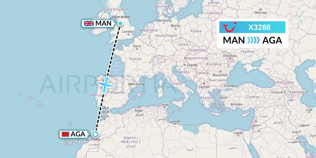 X3288 TUI fly Germany Flight Map: Manchester to Agadir