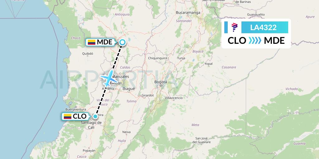 LA4322 LAN Airlines Flight Map: Cali to Medellin