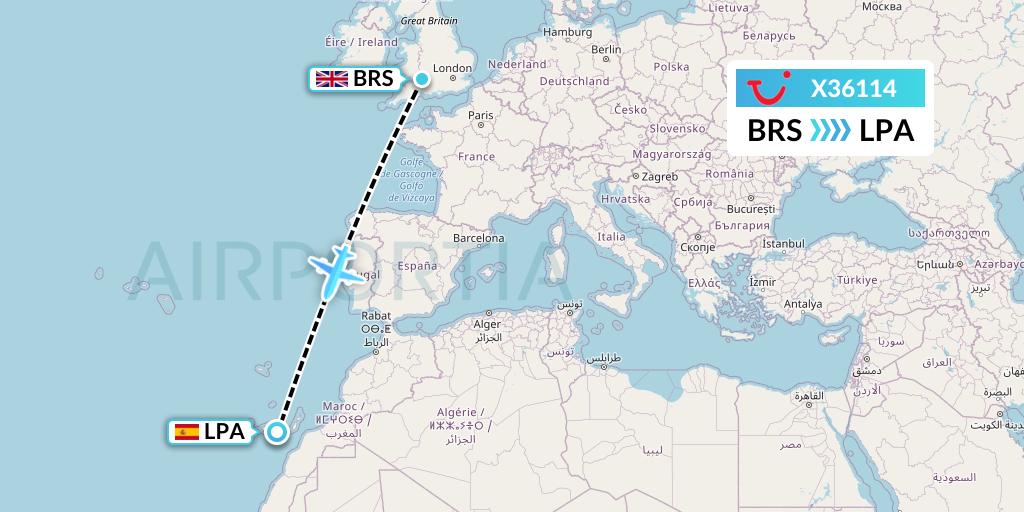 X36114 TUI fly Germany Flight Map: Bristol to Las Palmas