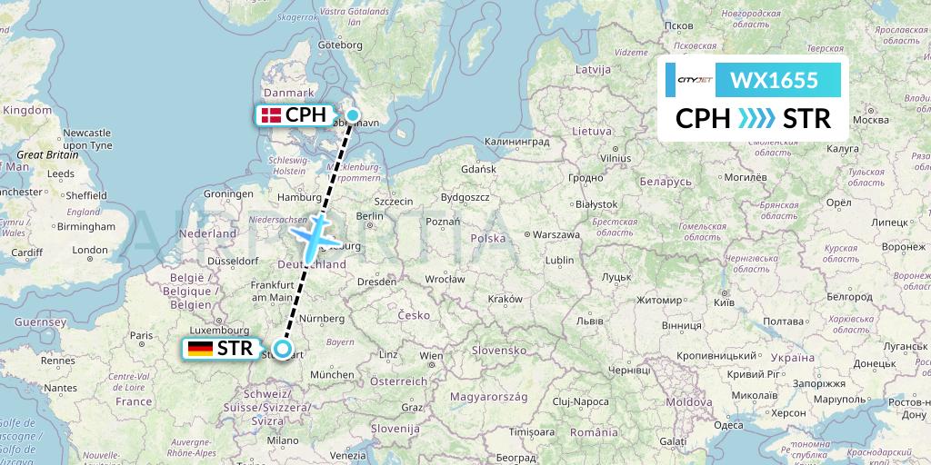 WX1655 Cityjet Flight Map: Copenhagen to Stuttgart