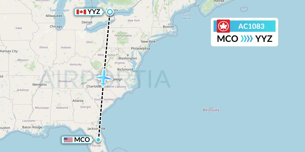 AC1083 Air Canada Flight Map: Orlando to Toronto
