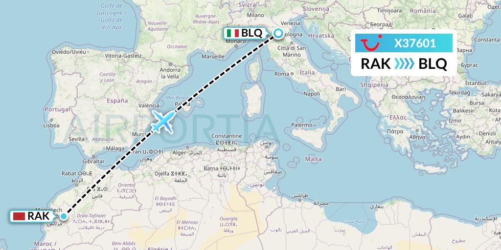 X37601 TUI fly Germany Flight Map: Marrakesh to Bologna