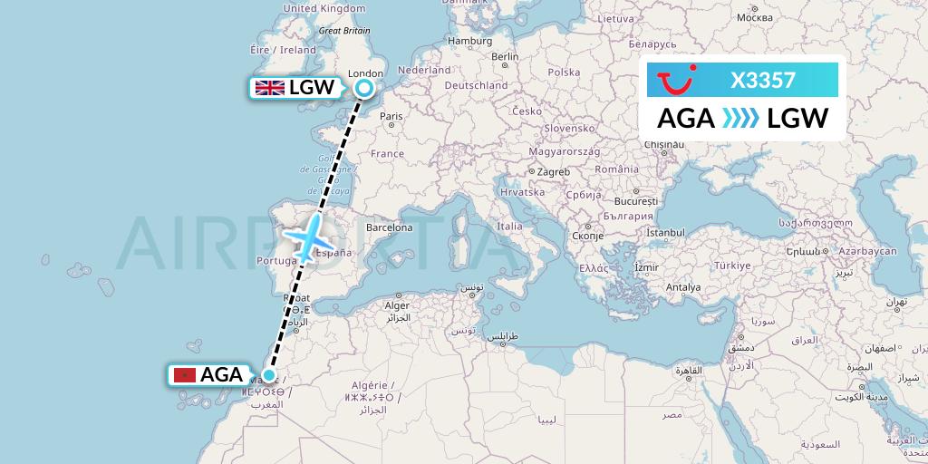 X3357 TUI fly Germany Flight Map: Agadir to London