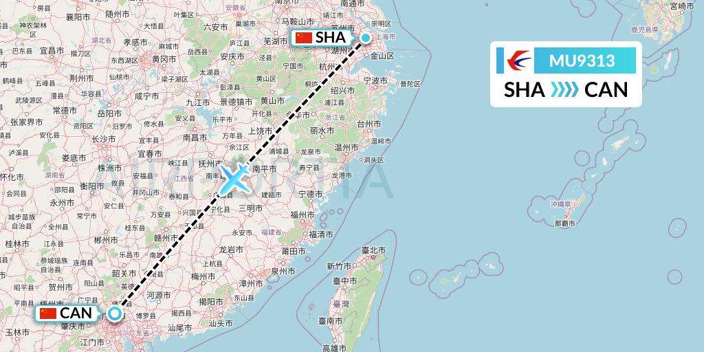 MU9313 China Eastern Airlines Flight Map: Shanghai to Guangzhou