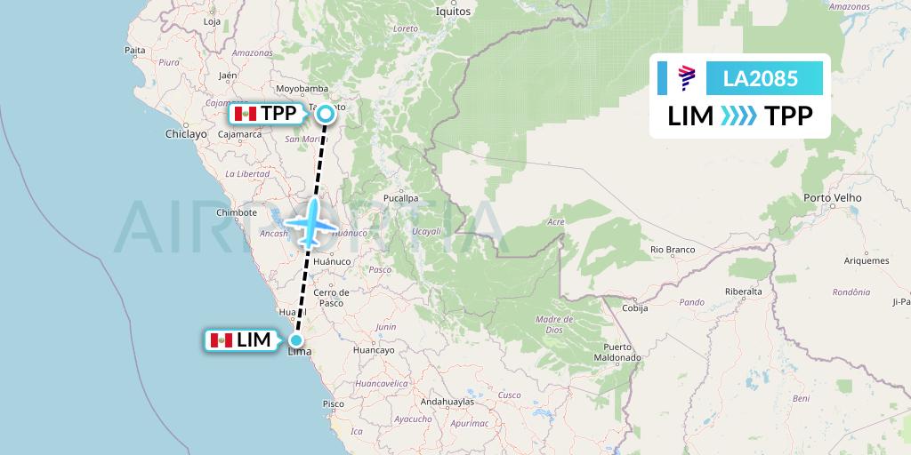 LA2085 LAN Airlines Flight Map: Lima to Tarapoto
