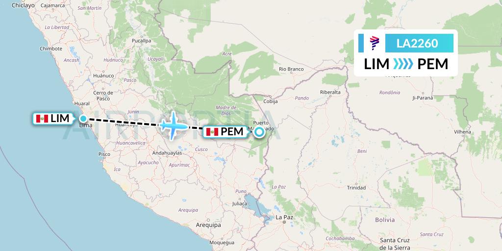 LA2260 LAN Airlines Flight Map: Lima to Puerto Maldonado