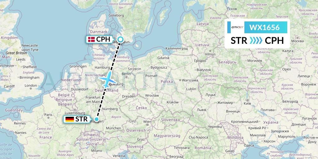 WX1656 Cityjet Flight Map: Stuttgart to Copenhagen