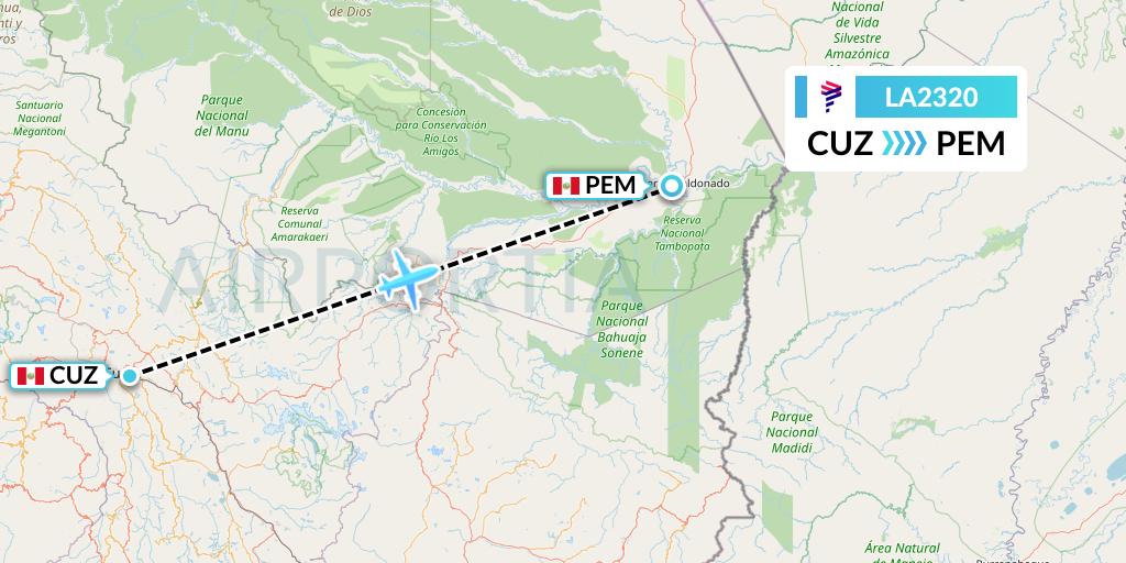 LA2320 LAN Airlines Flight Map: Cusco to Puerto Maldonado