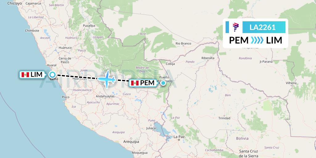 LA2261 LAN Airlines Flight Map: Puerto Maldonado to Lima