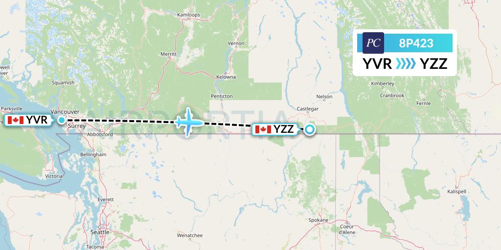 8P423 Pacific Coastal Airlines Flight Map: Vancouver to Trail