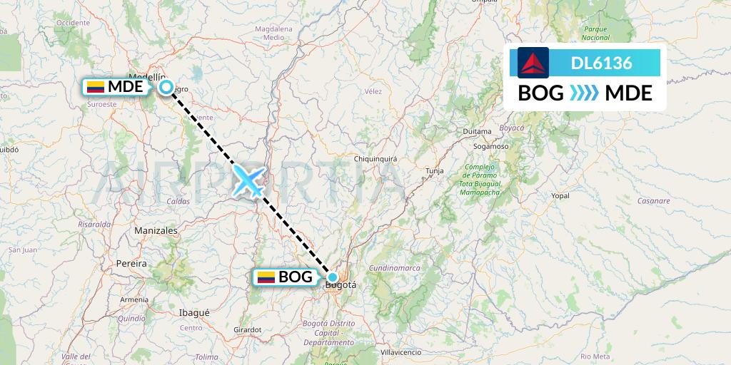 DL6136 Delta Air Lines Flight Map: Bogota to Medellin