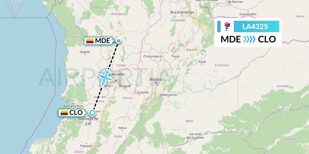 LA4325 LAN Airlines Flight Map: Medellin to Cali