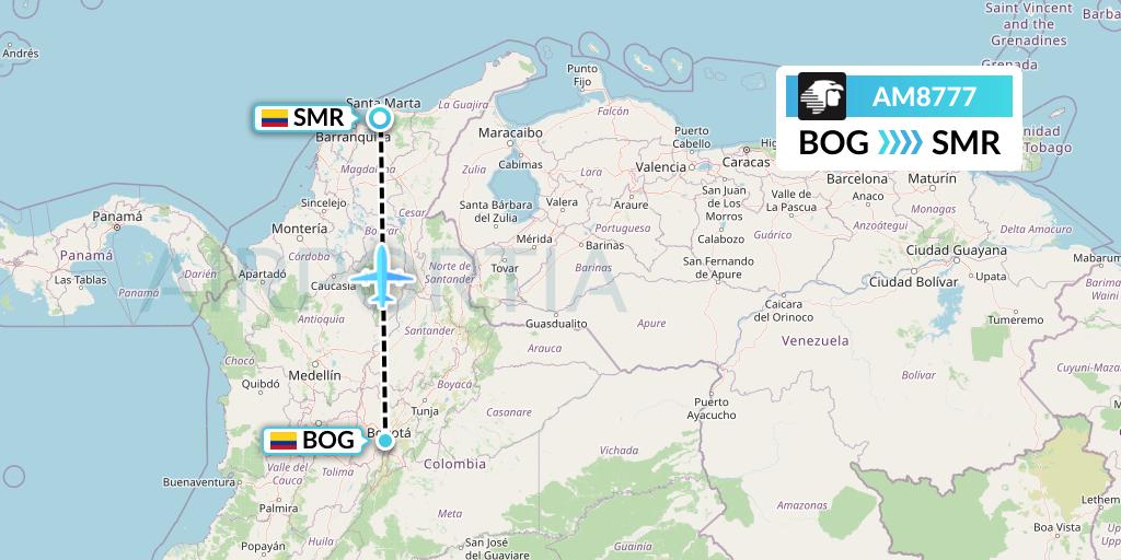 AM8777 Aeromexico Flight Map: Bogota to Santa Marta