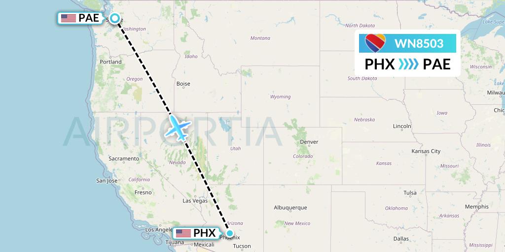 WN8503 Southwest Airlines Flight Map: Phoenix to Everett