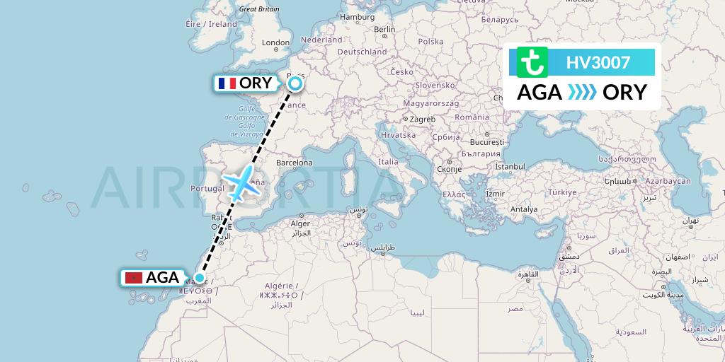 HV3007 Transavia Flight Map: Agadir to Paris