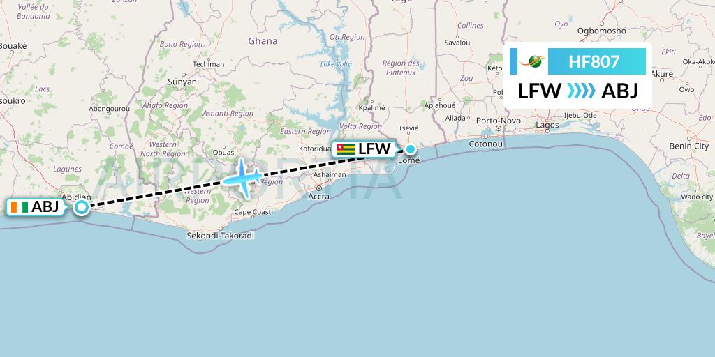 HF807 Air Cote d'Ivoire Flight Map: Lome to Abidjan