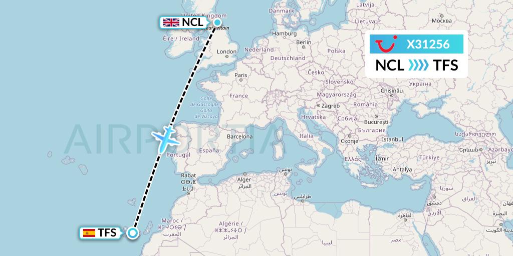 X31256 TUI fly Germany Flight Map: Newcastle to Tenerife