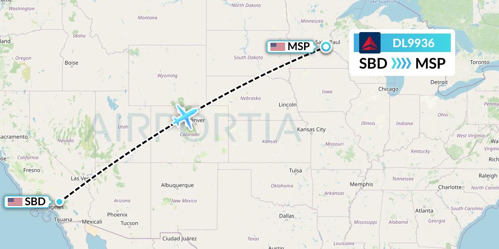 DL9936 Delta Air Lines Flight Map: San Bernardino to Minneapolis