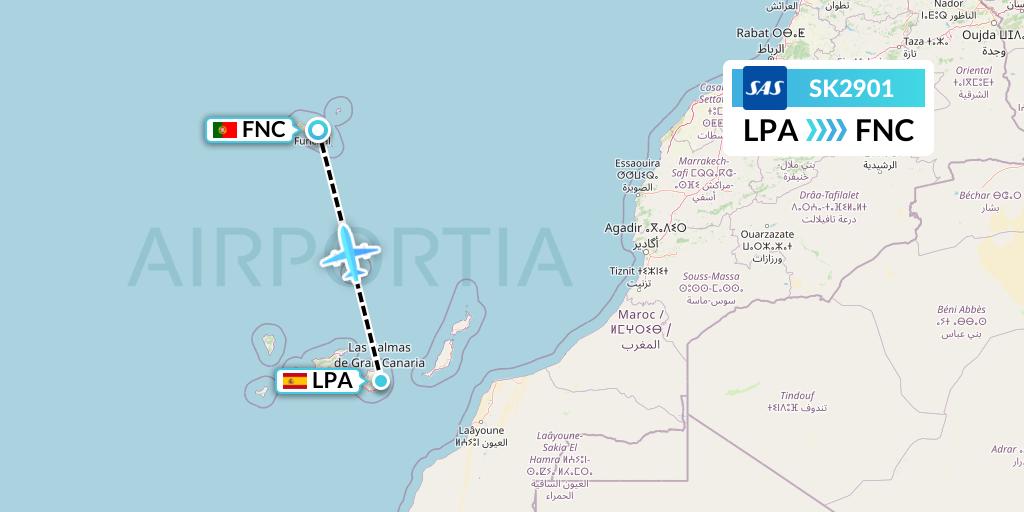 SK2901 SAS Flight Map: Las Palmas to Funchal