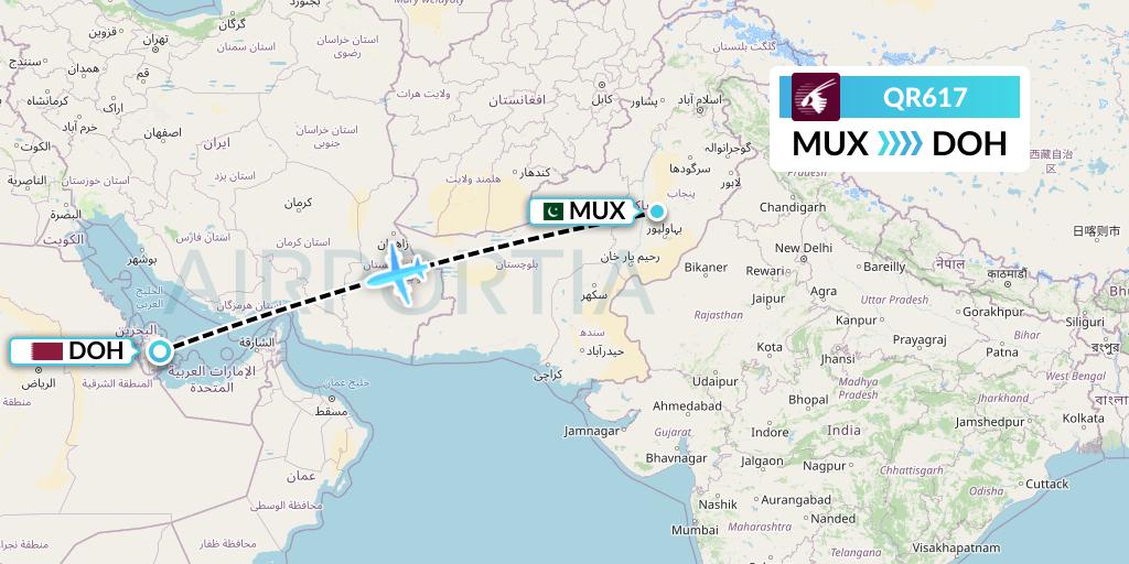 QR617 Qatar Airways Flight Map: Multan to Doha