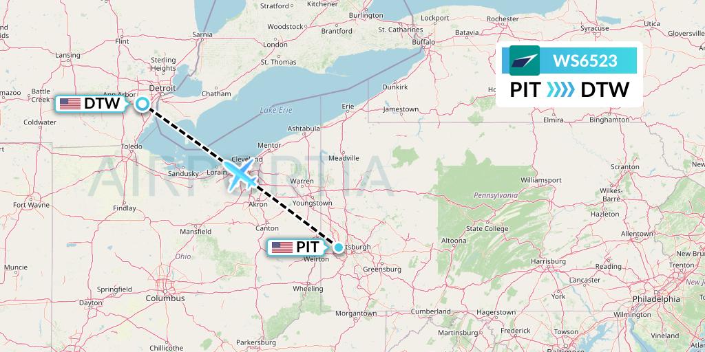 WS6523 WestJet Flight Map: Pittsburgh to Detroit