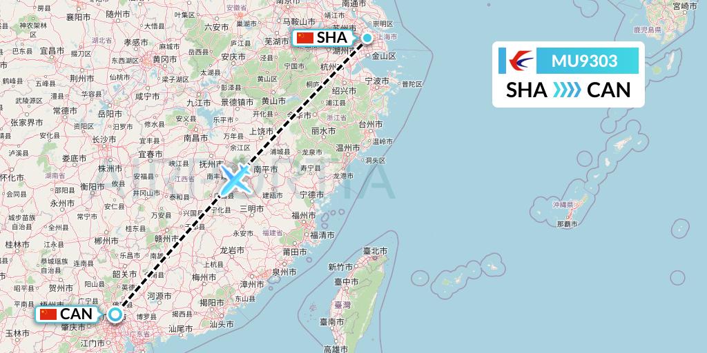 MU9303 China Eastern Airlines Flight Map: Shanghai to Guangzhou