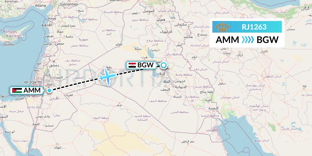 RJ1263 Royal Jordanian Flight Map: Amman to Baghdad
