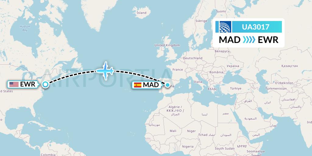 UA3017 United Airlines Flight Map: Madrid to New York