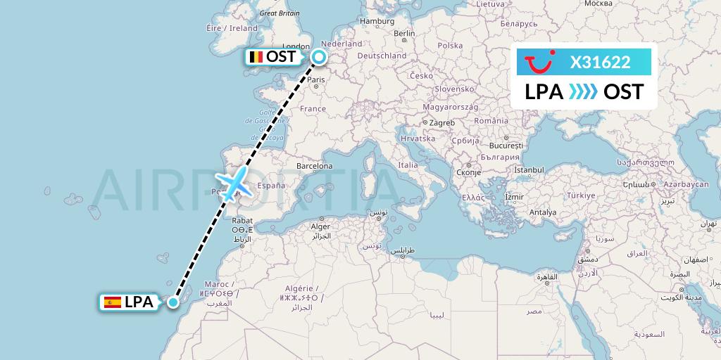 X31622 TUI fly Germany Flight Map: Las Palmas to Ostend
