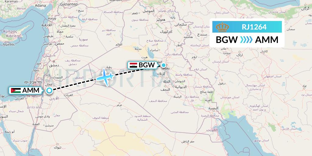 RJ1264 Royal Jordanian Flight Map: Baghdad to Amman