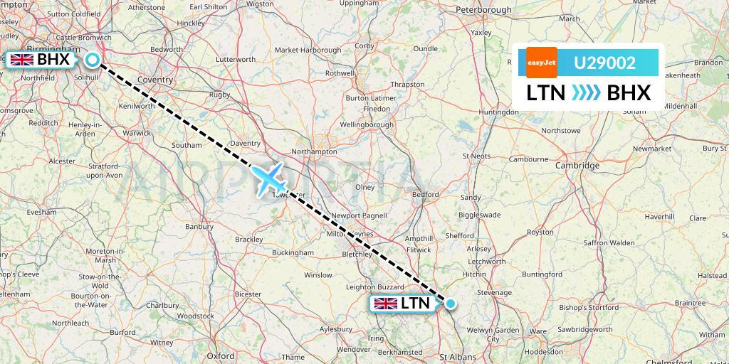 U29002 EasyJet Flight Map: London to Birmingham