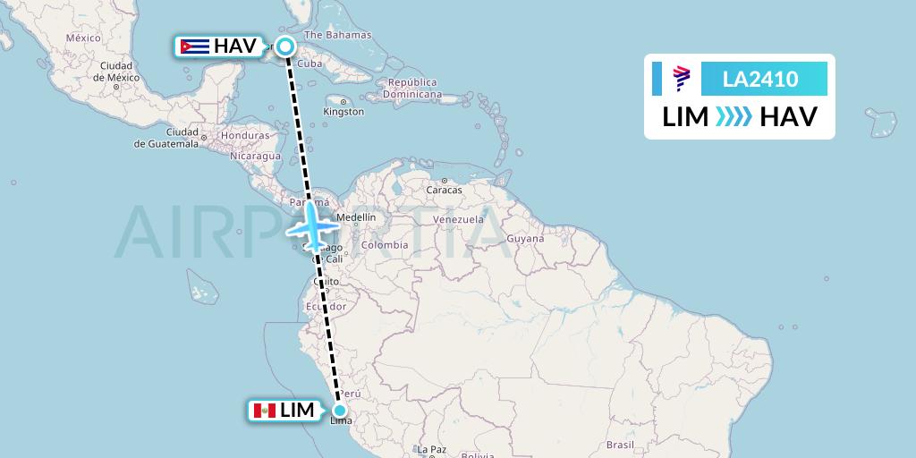 LA2410 LAN Airlines Flight Map: Lima to Havana