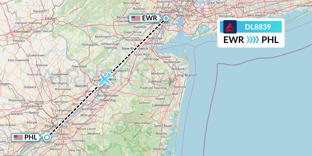DL8839 Delta Air Lines Flight Map: New York to Philadelphia