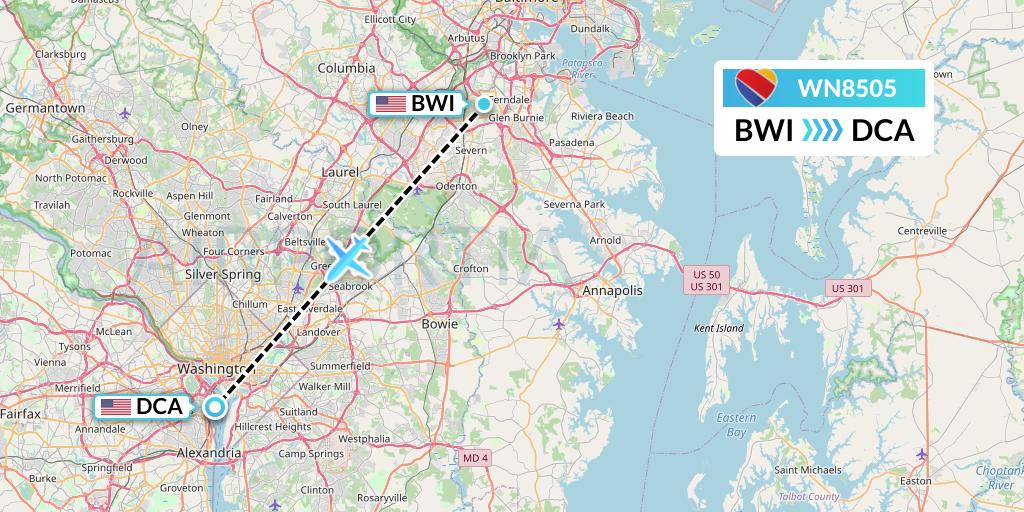 WN8505 Southwest Airlines Flight Map: Baltimore to Washington