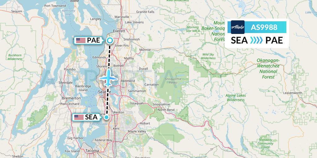 AS9988 Alaska Airlines Flight Map: Seattle to Everett