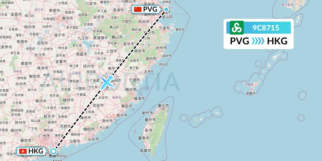 9C8715 Spring Airlines Flight Map: Shanghai to Hong Kong