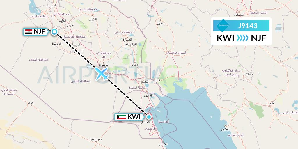 J9143 Jazeera Airways Flight Map: Kuwait City to Najaf