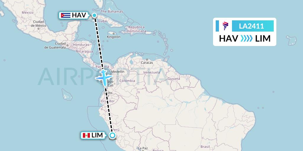 LA2411 LAN Airlines Flight Map: Havana to Lima