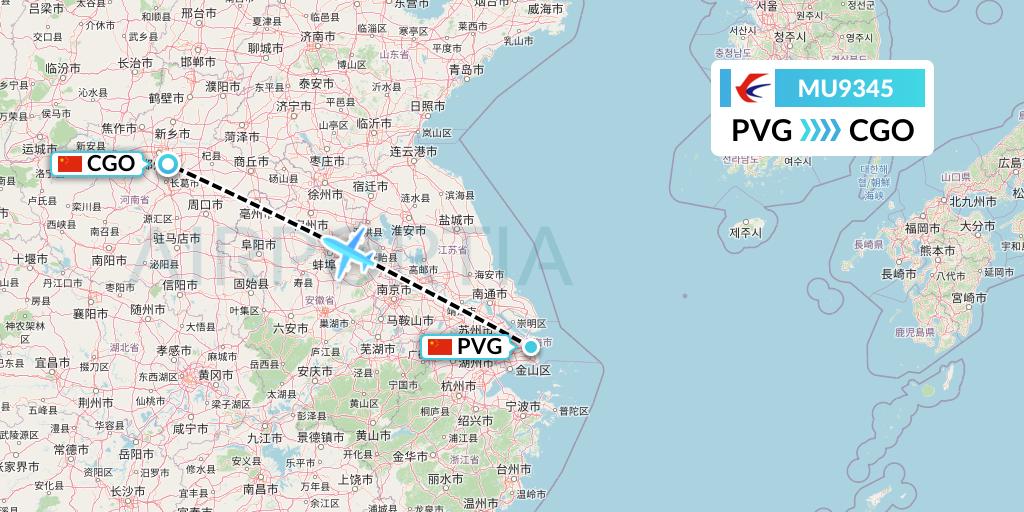 MU9345 China Eastern Airlines Flight Map: Shanghai to Zhengzhou