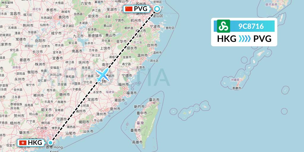 9C8716 Spring Airlines Flight Map: Hong Kong to Shanghai