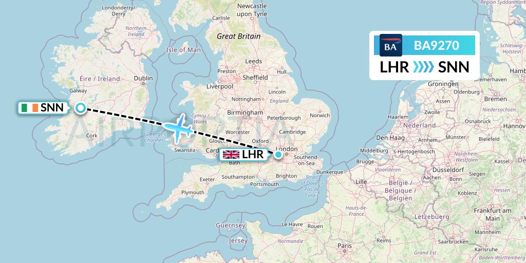 BA9270 British Airways Flight Map: London to Shannon
