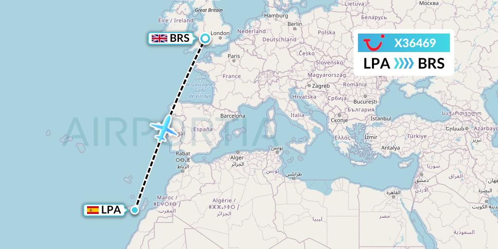 X36469 TUI fly Germany Flight Map: Las Palmas to Bristol