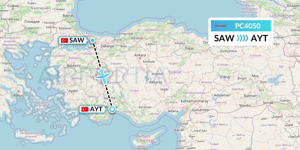 PC4050 Pegasus Airlines Flight Map: Istanbul to Antalya