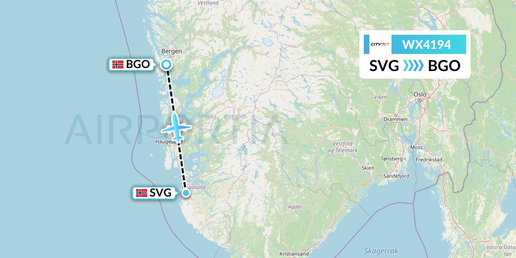 WX4194 Cityjet Flight Map: Stavanger to Bergen