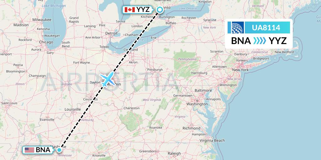UA8114 United Airlines Flight Map: Nashville to Toronto
