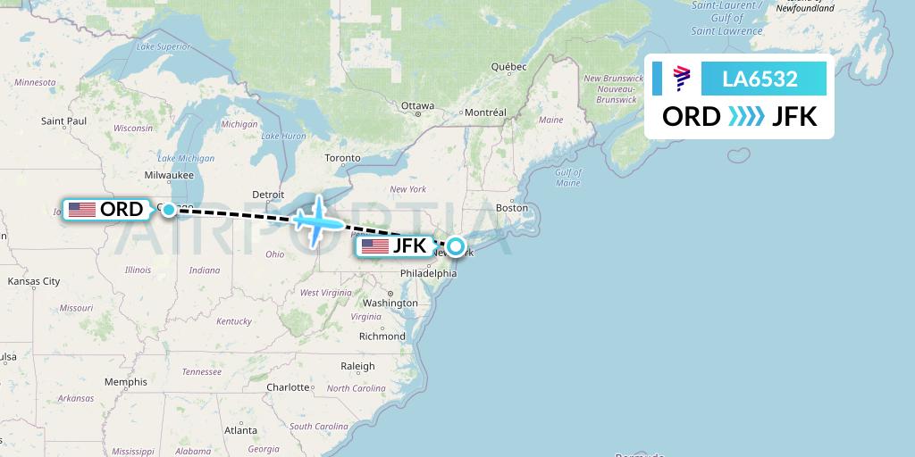 LA6532 LAN Airlines Flight Map: Chicago to New York