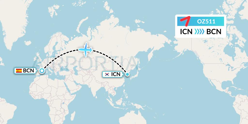 OZ511 Asiana Airlines Flight Map: Seoul to Barcelona