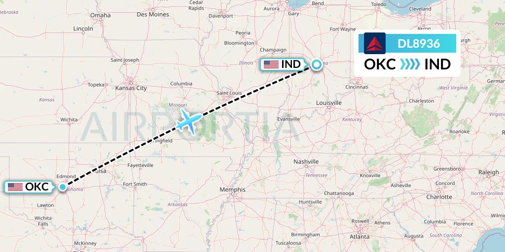 DL8936 Delta Air Lines Flight Map: Oklahoma City to Indianapolis
