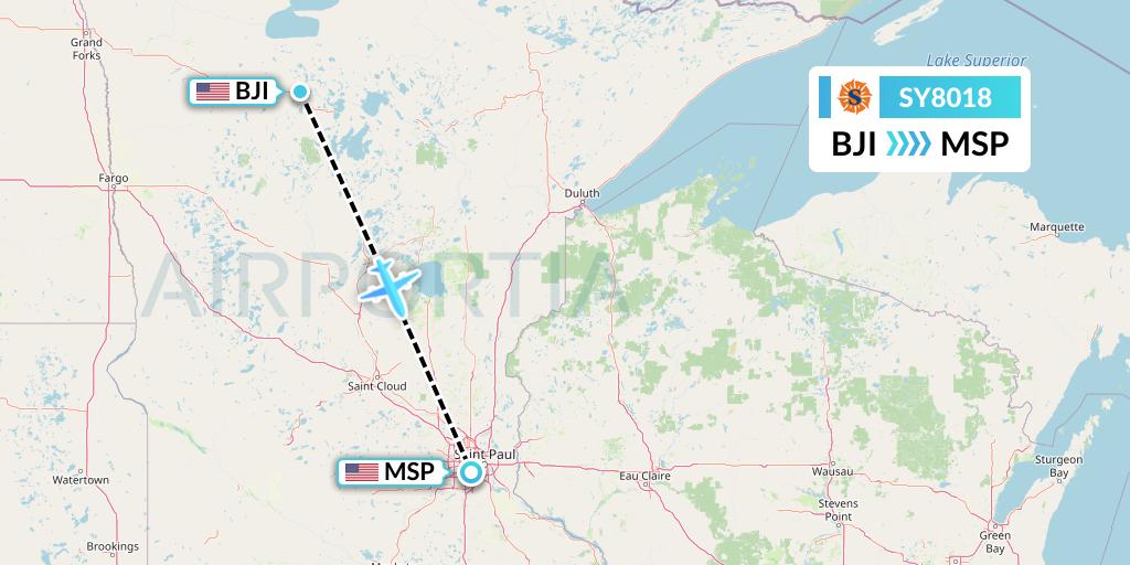 SY8018 Sun Country Airlines Flight Map: Bemidji to Minneapolis