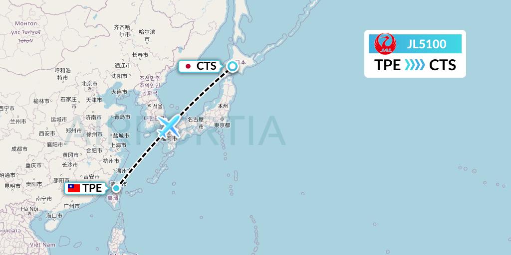 JL5100 Japan Airlines Flight Map: Taipei to Sapporo